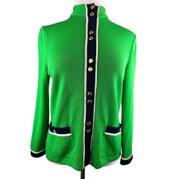 *Flawed St. John Collection Santana Knit Green Cardigan Sweater Gold Blk Size 10 - Picture 5 of 15